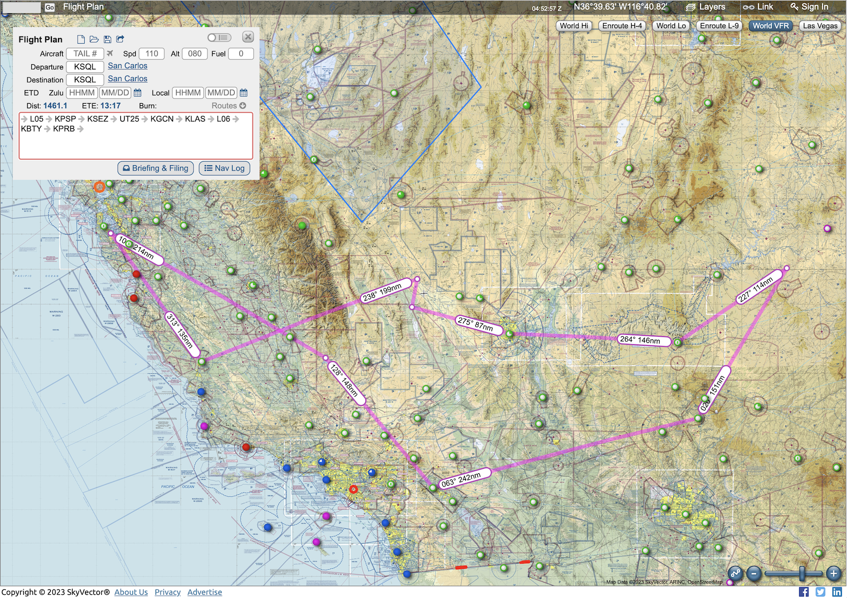 Trip map: KSQL-L05-KPSP-KSEZ-UT25-KGCN-KLAS-L06-KBTY-KPRB-KSQL